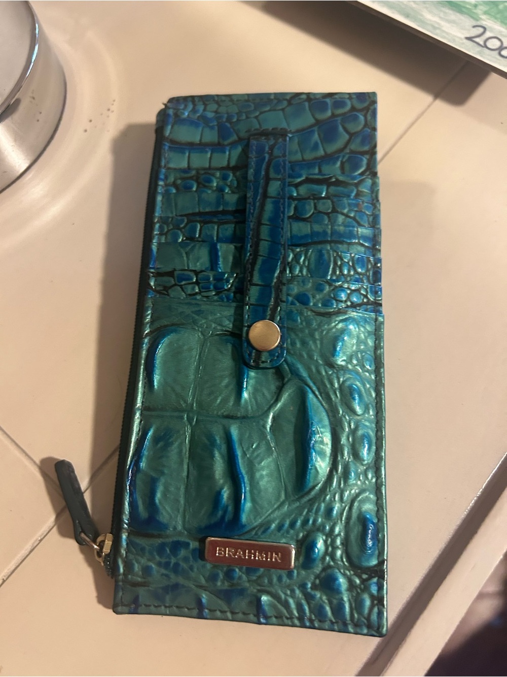 Brahmin Iridescent Teal Blue Croc-Embossed Card & Key Holder